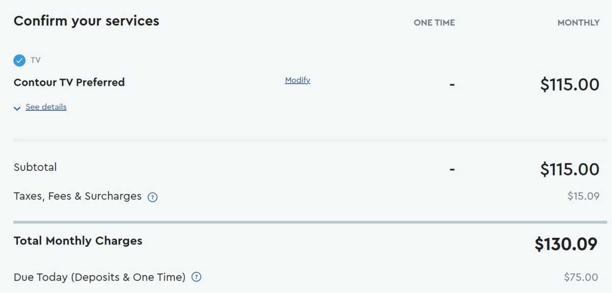 Cox bill showing 5 for TV and .09 in taxes, fees, and surcharges