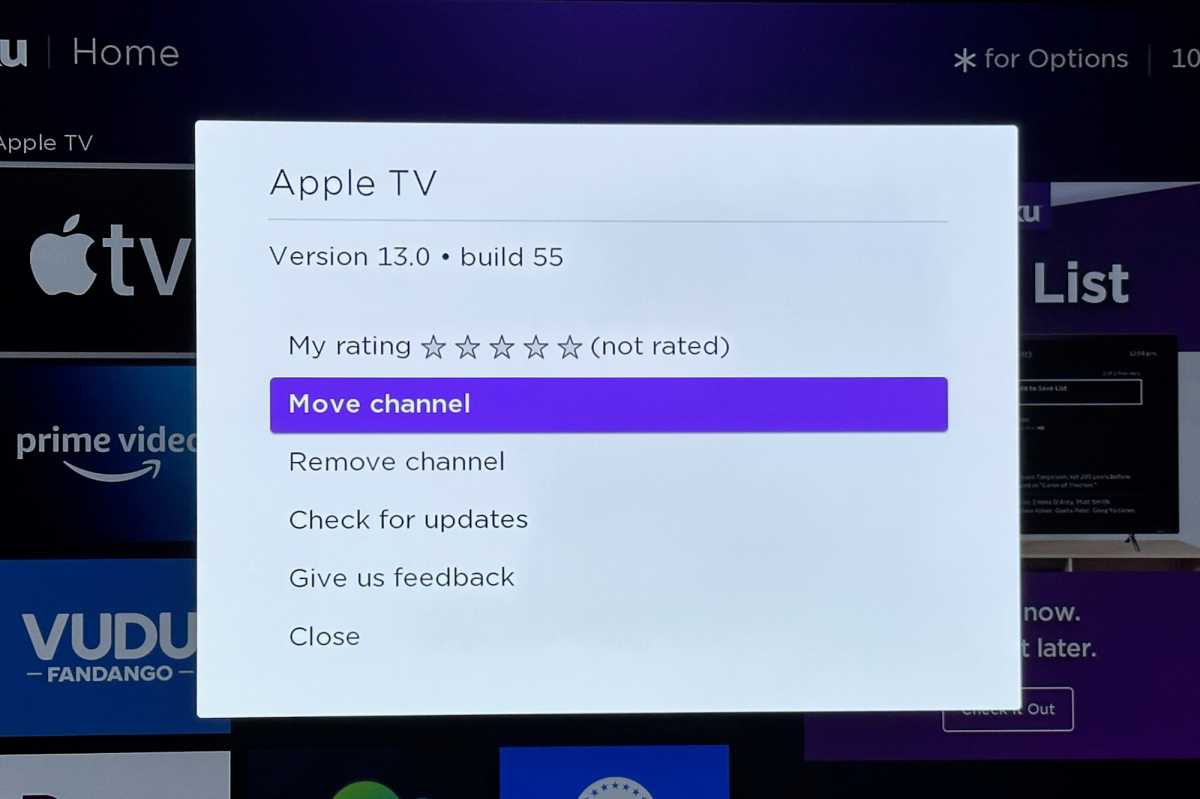 Roku options menu move channel option