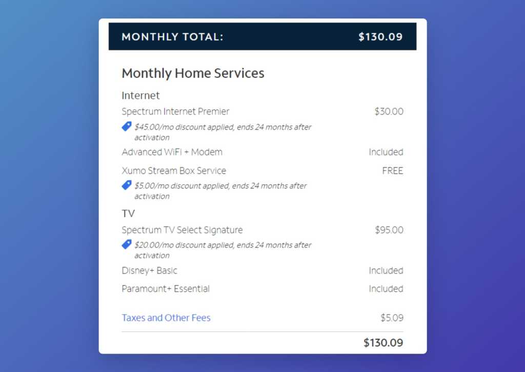 Spectrum TV bill showing a $130.09 total for internet and TV, with $5.09 in taxes and other fees