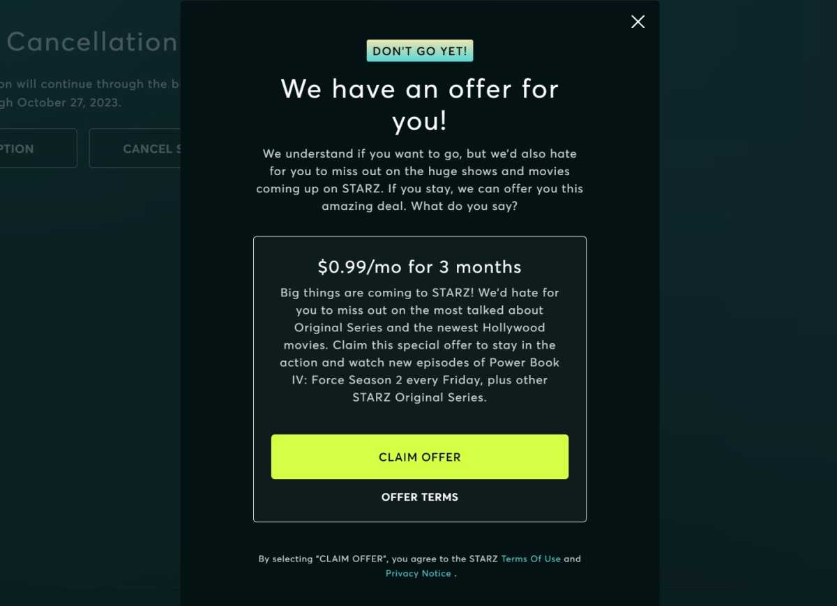 Starz cancellation page says "We have an offer for you!" with a deal of <img data-wp-init="callbacks.setButtonStyles" data-wp-on-async--click="actions.showLightbox" data-wp-on-async--load="callbacks.setButtonStyles" data-wp-on-async-window--resize="callbacks.setButtonStyles" src="jpg/starzfinaloffer981d.jpg" alt=