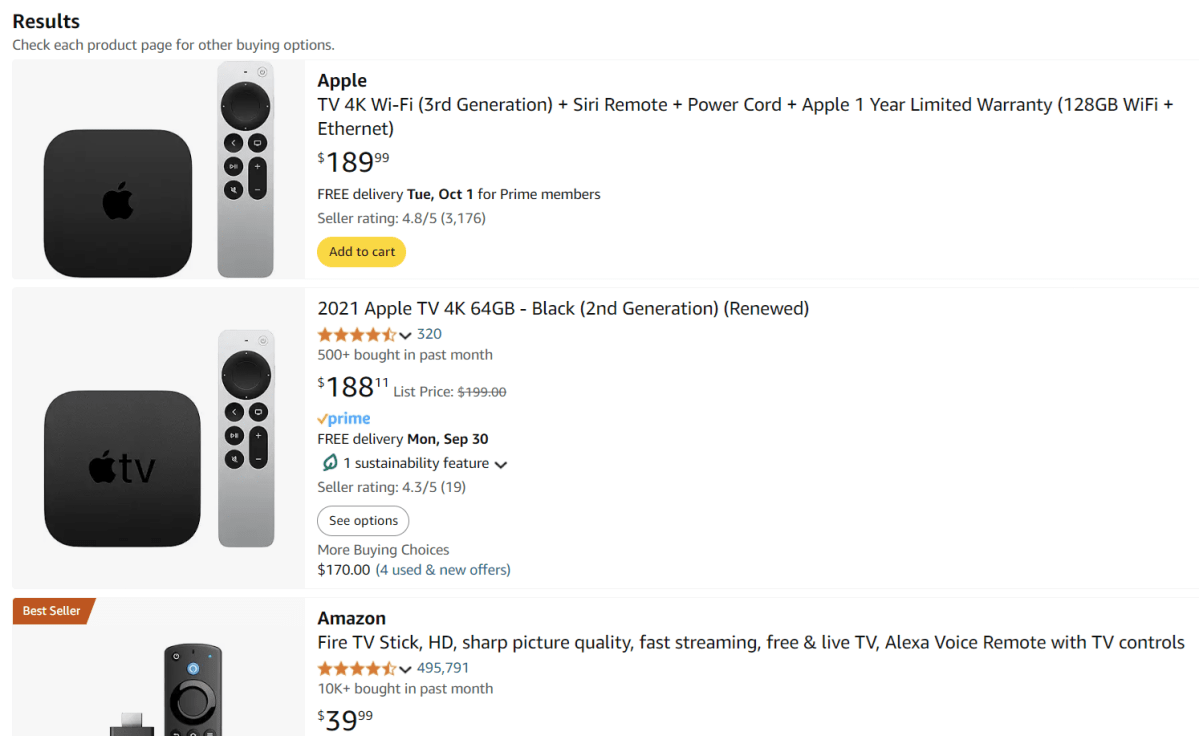 Apple TV search results on Amazon